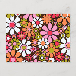 Groovy Retro Floral 60s 70s Flowers Pink en Brown Briefkaart