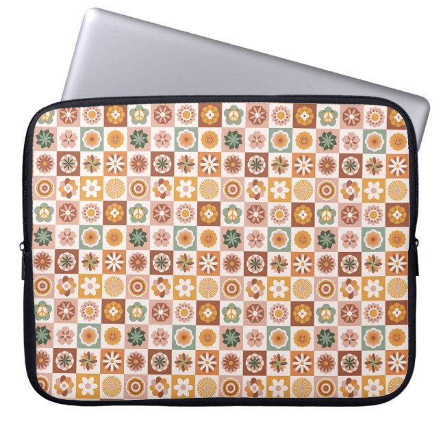 Groovy Retro Floral Checked Laptop Sleeve (Voorkant)