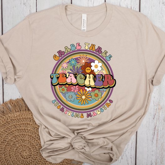Groovy Retro Floral Daisy Grade Drie Leraar Naam T-shirt