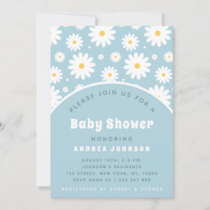 Groovy Retro Floral Dusty Blue Daisy Baby shower Kaart