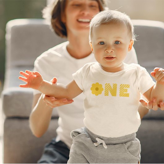 Groovy Retro Floral First Birthday Theme Tee Romper