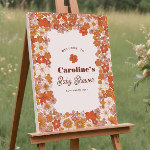 Groovy Retro Floral Roze Sinaasappel Baby shower t Poster