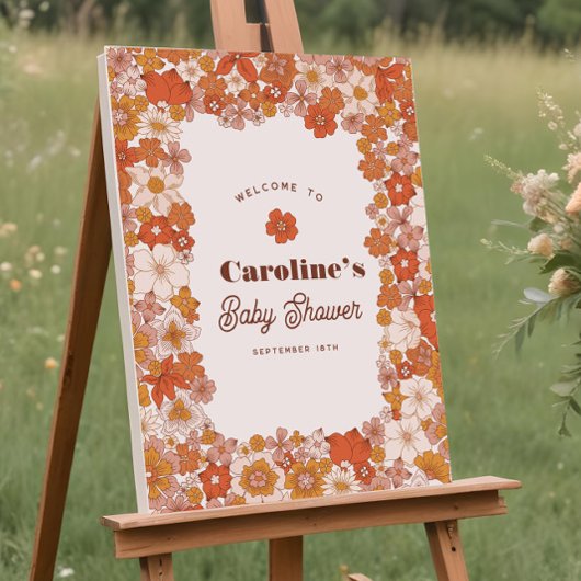 Groovy Retro Floral Roze Sinaasappel Baby shower t Poster