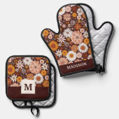 Groovy Retro Flower Garden Pattern Ovenwant & Pannenlap Set (Voorkant / Achterkant)