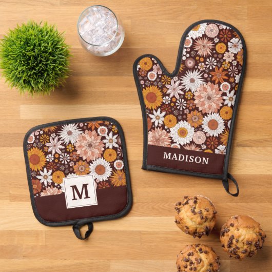 Groovy Retro Flower Garden Pattern Ovenwant & Pannenlap Set (Top down)