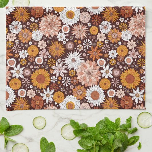 Groovy Retro Flower Garden Pattern Theedoek (Gevouwen)