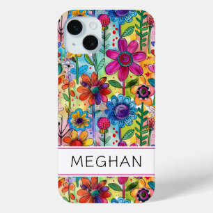 Groovy Retro Flower Power Persoonlijk iPhone 15 Mini Hoesje