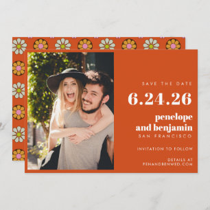 Groovy Retro Flowers Oranje Roze Foto Weddenschap Save The Date