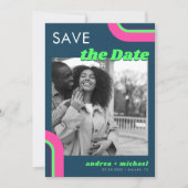 Groovy Retro Foto Save The Date – Teal & Regenboog (Voorkant)