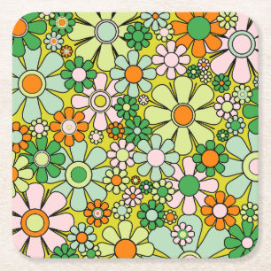 Groovy Retro Garden 60s 70s Floral Pattern Kartonnen Onderzetters