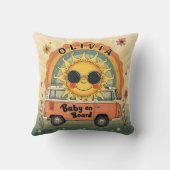 Groovy Retro Glimlachende Baby Zon, Vrede & Liefde Kussen (Achterkant)