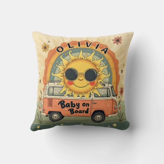 Groovy Retro Glimlachende Baby Zon, Vrede & Liefde Kussen (Achterkant)