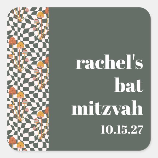 Groovy Retro Groene Paddenstoelen Custom Bat Mitzv Vierkante Sticker (Voorkant)