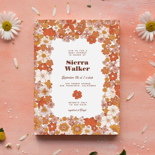 Groovy Retro Hippie Floral Pink Oranje Baby shower Kaart