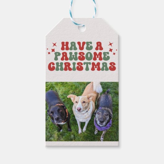 Groovy Retro Hond Foto Pawsome Christmas Cadeaulabel (Voorkant)