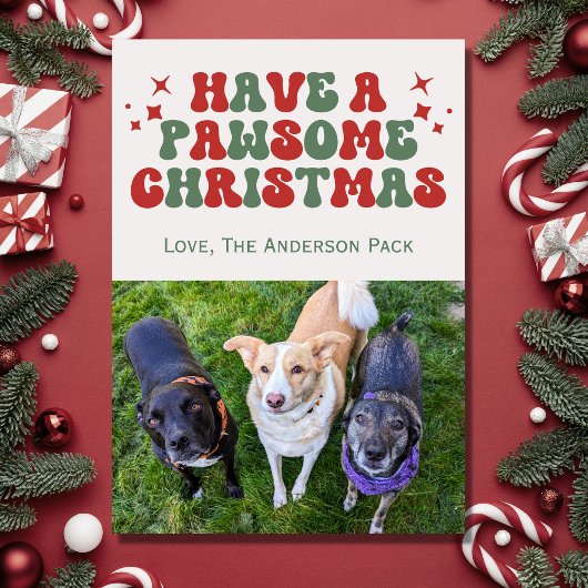 Groovy Retro Hond Foto Pawsome Christmas Feestdagenkaart