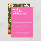 Groovy Retro Jaren 60 Bloemen Helder Roze Groen Hu RSVP Kaartje (Voorkant / Achterkant)