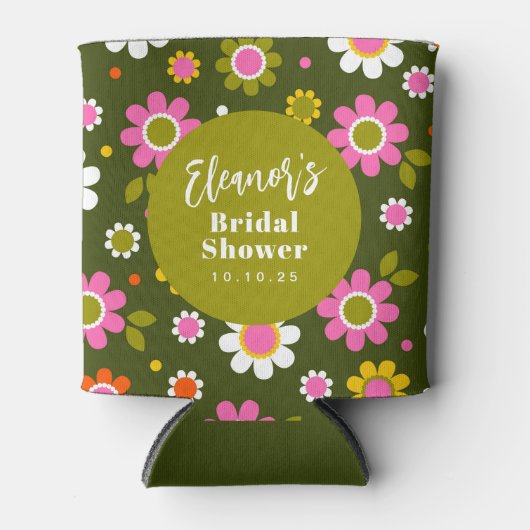 Groovy Retro Jaren 60 Bloemen Olijfgroen Bruidsdin Blikjeskoeler (Voorkant)