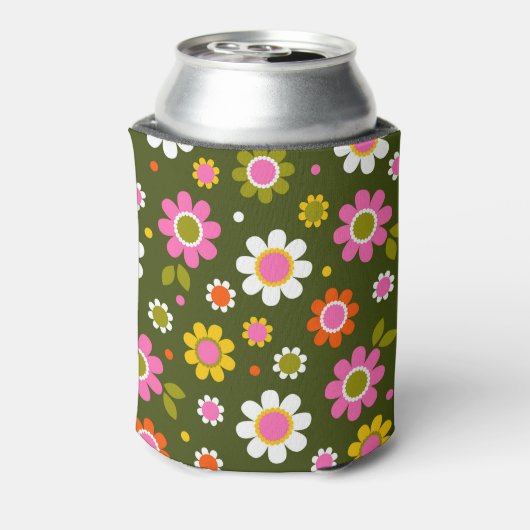 Groovy Retro Jaren 60 Bloemen Olijfgroen Bruidsdin Blikjeskoeler (Blikje Achterkant)