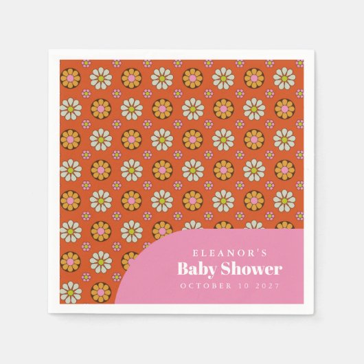Groovy Retro Jaren 60 Bloemen Oranje Baby Shower O Servet (Voorkant)