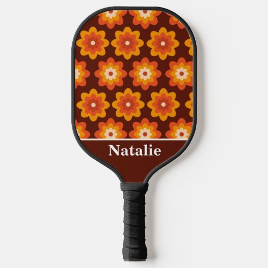 Groovy retro jaren 70 hippie sinaasappel bloem gep pickleball paddle (Voorkant)