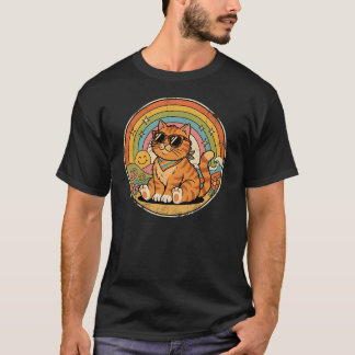 Groovy Retro Kat Regenboog Vredesteken T-shirt