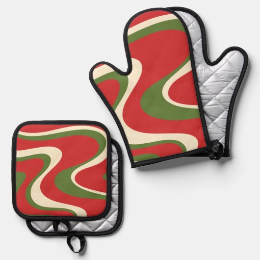 Groovy Retro Kerstwerveling Patroon Ovenwant & Pannenlap Set (Voorkant / Achterkant)