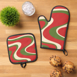 Groovy Retro Kerstwerveling Patroon Ovenwant & Pannenlap Set