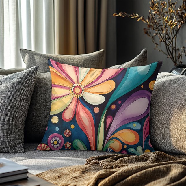 Groovy Retro Kleur Bloom Kaleidoscoop Kussen (Creator heeft geüpload)