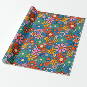 Groovy Retro Kleurrijke jaren 60 70 Bloemenpatroon Cadeaupapier