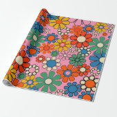 Groovy Retro Kleurrijke jaren 60 70 Bloemenpatroon Cadeaupapier (Uitgerold)