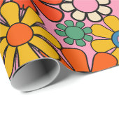 Groovy Retro Kleurrijke jaren 60 70 Bloemenpatroon Cadeaupapier (Rol Hoek)