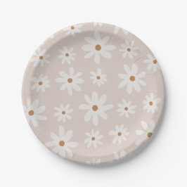 Groovy Retro Lichtbruin Daisy Floral Papieren Bordje