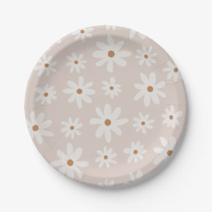 Groovy Retro Lichtbruin Daisy Floral Papieren Bordje