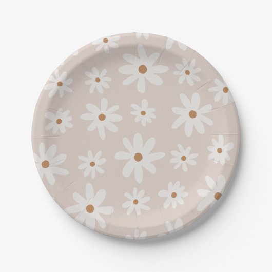 Groovy Retro Lichtbruin Daisy Floral Papieren Bordje (Voorkant)