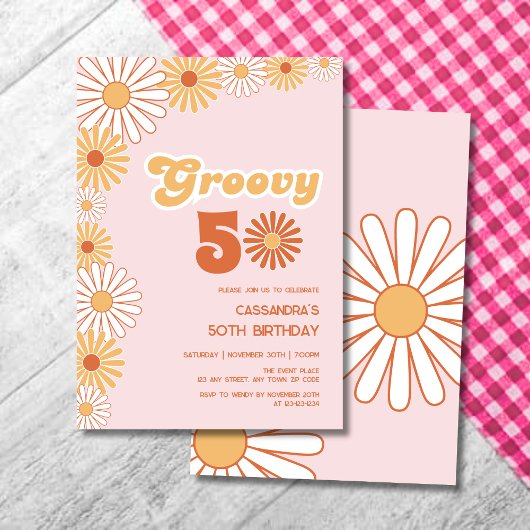 Groovy Retro Madelief Boho Oranje Roze Verjaardag Kaart