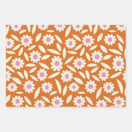 Groovy Retro Madeliefjes Bloemenpatroon op oranje Inpakpapier Vel