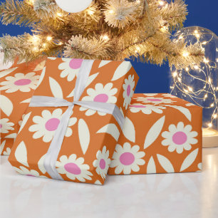 Groovy Retro Madeliefjes Bloemmotief op oranje Cadeaupapier