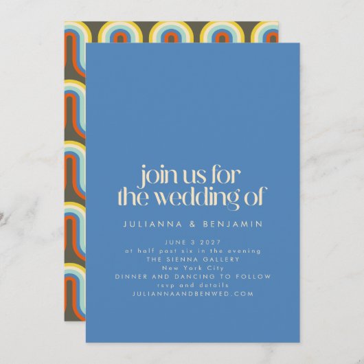 Groovy Retro Mod 70s Blue and Olive Green Wedding Kaart (Voorkant / Achterkant)