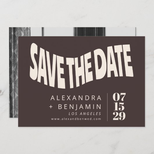 Groovy Retro Mod Brown Unique Wedding Photo Save The Date (Voorkant / Achterkant)