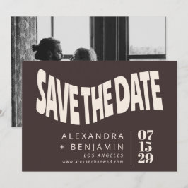 Groovy Retro Mod Bruine Unieke Trouwfoto Save The Date