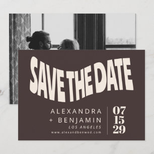 Groovy Retro Mod Bruine Unieke Trouwfoto Save The Date