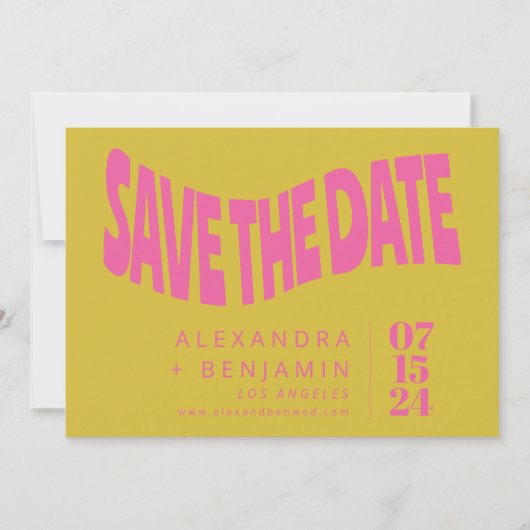 Groovy Retro Mod Unieke Roze Gele Foto Save The Date (Voorkant)