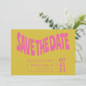 Groovy Retro Mod Unieke Roze Gele Foto Save The Date (Staand voorkant)