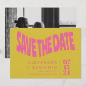 Groovy Retro Mod Unieke Roze Gele Foto Save The Date (Voorkant / Achterkant)
