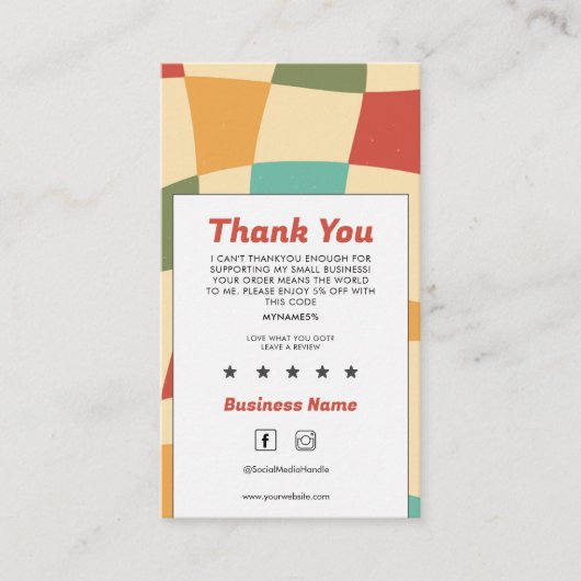 Groovy Retro MultiColor Geruit Bedankt Visitekaartje (Voorkant)