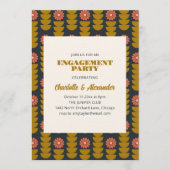Groovy Retro Navy Blue Botanical Engagement Party  Kaart (Voorkant)