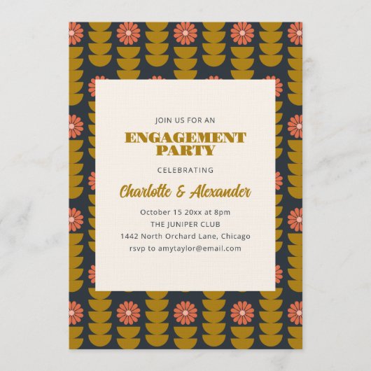 Groovy Retro Navy Blue Botanical Engagement Party  Kaart (Voorkant)