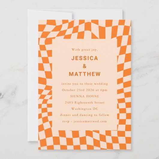 Groovy Retro Oranje Abstract checkboard Weddenscha Kaart (Voorkant)