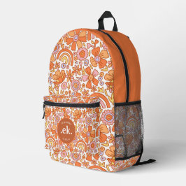 Groovy Retro Oranje Bloemen Monogram Bedrukte Rugzak